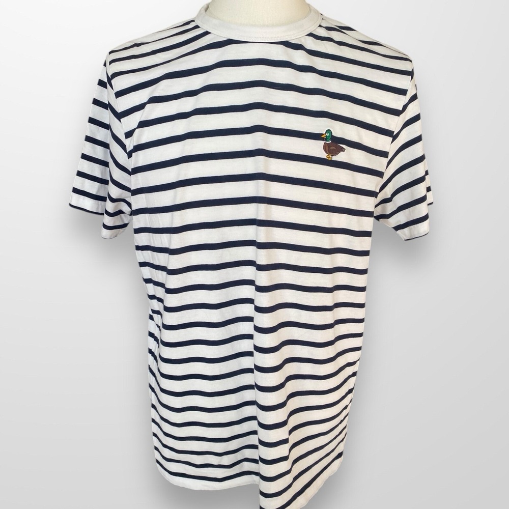 Denim & Flower Mens Size XL Shirt Short Sleeve Black White Stripe Tee Duck Logo